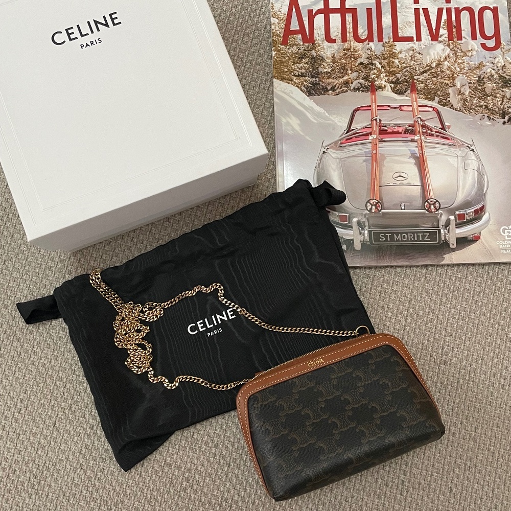 CELINE CLUTCH ON CHAIN IN TRIOMPHE CANVAS AND LAMBSKIN